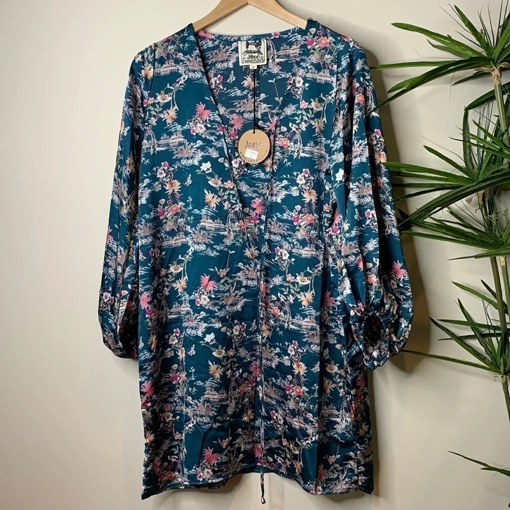 Jaase | Boho Weekend Beach Balloon Sleeve Asian Print V-Neck Tunic Dress NWT S